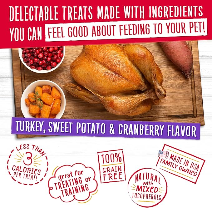 Charlee Bear Crunch Grain Free Dog Treats, Turkey, Sweet Potato and Apple, 8 Ounce Resealable Bag, Low Calorie Training Treats for Dogs, Limited Ingredient, Healthy, Crunchy Dog Snacks, Made in USA