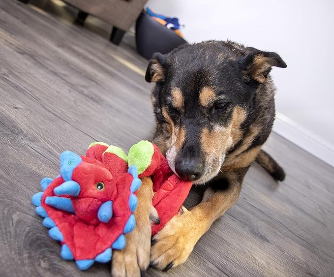 goDog Dinos Frills Squeaky Plush Dog Toy with Chew Guard Technology, Durable Fabric & Squeaker for Active Play, Red, Large