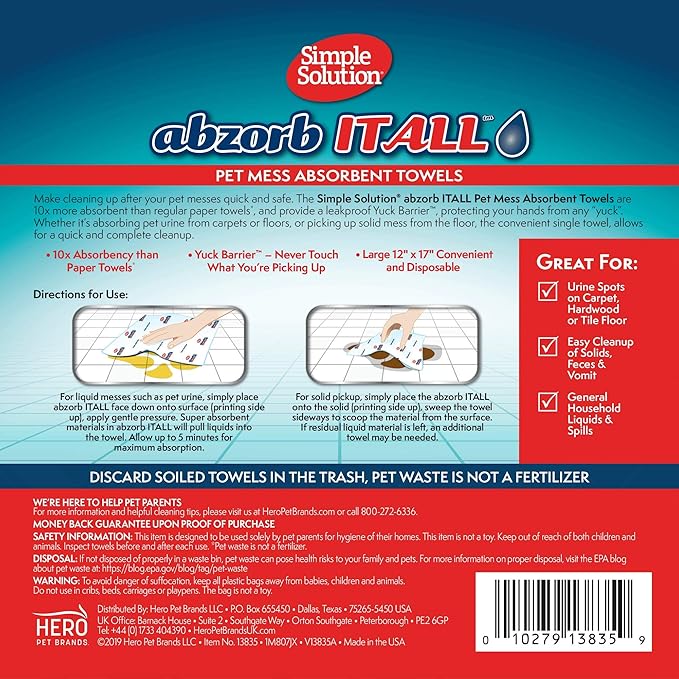 Simple Solution Abzorbitall Pet Mess Absorbent Towels, Pet Accident Cleaner for Dog Urine and Waste, Multi-Surface Cleaning Sheets, Puppy Supplies, Absorbent Towels, 12 x 17 Inches, 30 Count