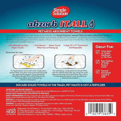 Simple Solution Abzorbitall Pet Mess Absorbent Towels, Pet Accident Cleaner for Dog Urine and Waste, Multi-Surface Cleaning Sheets, Puppy Supplies, Absorbent Towels, 12 x 17 Inches, 30 Count