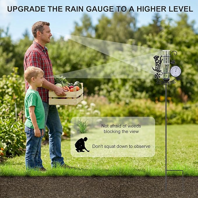 Rain Gauge Outdoor with Thermometer, 7" Capacity Detachable Rain Gauges Outdoors Best Rated with Stake, Cute Dog with Flowers & Butterflies Design Decorative for Garden Yard, Easy-Read Durable