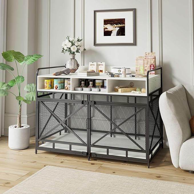 Fulhope Dog Crate Furniture, 48" Heavy Duty Wooden Dog Crate End Table, XL Dog Kennel Furniture Large Breed, Decorative Dog Kennel Indoor with 3 Drawers & Steel Tubes 48" L x28 W x36 H (White)