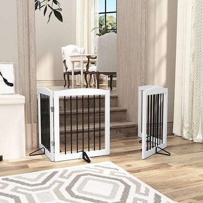 PUPETPO Freestanding Pet Gate for Dogs, Foldable Wooden Dog Gate for House, Indoor Pet Barrier for Stairs, Doorways, Support Feet Included, 24" Height 2 Panels, White