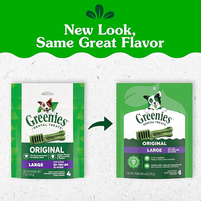 Greenies Veterinarian-Recommended Adult Natural Dental Dog Treats Large Size, Dog Dental Chews, Original Flavor, 6 oz. Pack, 4 Count