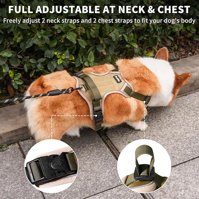 Small Dog Harness, Heavy Duty Tactical No-Pull Reflective Harness & Collar Set — Secure, No Choke, Easy On and Off Pet Vest, Adjustable Dog Vest with Breathable Padded for Walking Hiking Training