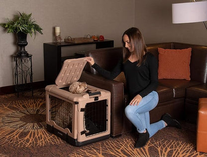 Pet Gear “The Other Door” 4 Door Steel Crate for Dogs/Cats with Garage-Style Door, Includes Plush Bed + Travel Bag, No Tools Required, Beige, 27 Inch