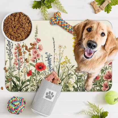 Vintage Flower Botanical Garden Dog Cat Food Mat,Absorbent Pet Feeding Mat for Food and Water,Non-Slip Dog Bowl Mats Floor Protector 12"x20"