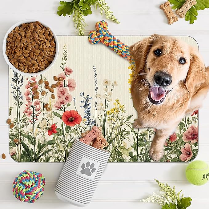 Vintage Flower Botanical Garden Dog Cat Food Mat,Absorbent Pet Feeding Mat for Food and Water,Non-Slip Dog Bowl Mats Floor Protector 16"x24"