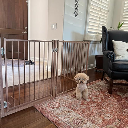 No Pawblems Free Standing Dog Gate with Door, 30'' Tall Foldable Dog Fence for Indoor & Outdoor, Up to 78 Inch Extra Wide Puppy Gate for Stairs, Hallways, Doorways, Deck, Yard (Wood Pattern, 3 Panels)