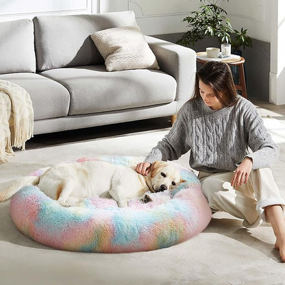 WESTERN HOME WH Calming Dog & Cat Donut Cuddler, Anti-Anxiety Warming Cozy Soft Round Bed, Fluffy Faux Fur Plush Cushion for Small Medium Dogs and Cats