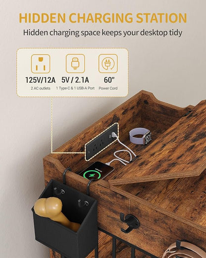 Hzuaneri 24.6'' Dog Crate Furniture with Charging Station, Dog Kennel Indoor with Flip-Top Storage, Wooden Pet Cage Dog House End Side Table for Small Dog Anti-Chew Anti-Escape, Rustic Brown DFC90101B
