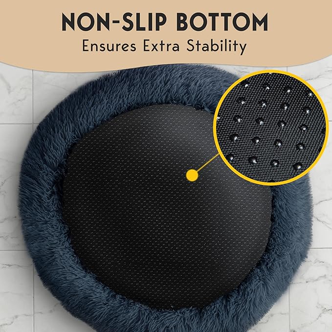 PetJett Dog Beds Large Sized Dog - 36'' Calming Round Bed, Anti-Slip & Washable Super Soft Donut Bed, Fluffy Faux Fur Anti-Anxiety Premium Comfort Pet Bed, Fits Dogs up to 80 lbs - Dark Grey