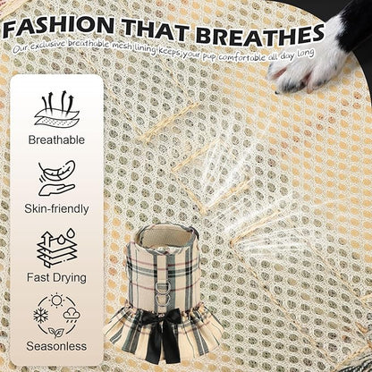 EXPAWLORER Dog Harness Small Medium Sized Dogs, Plaid Dog Dress Bowknot Harness and Leash Set, No Choke No Pull Soft Mesh Vest Cute Princess Puppy Outfits Clothes Costume for Girls Party Cats Beige S