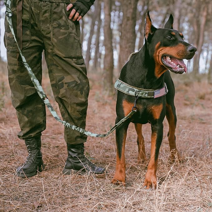 Forestpaw Tactical Dog Leash for Large Dogs,Heavy Duty Bungee Dog Leash with Shock Absorption,2 Padded Handles for Training Running Walking,Adjustable 4-5FT,Camo Green