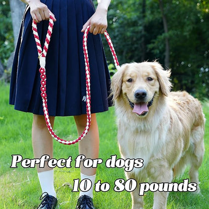Handmade 5ft Braided Cotton Dog Leash with Unique Floral Handle, Durable and Stylish, Ideal for Small to Large Dogs, Red & White Twist