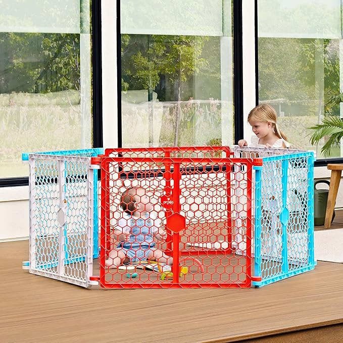 Regalo Safety 192-Inch Super Wide Baby Gate and Play Yard, 2-in-1 Convertible Plastic Baby Gate, Extra Wide Safety Barrier, Hardware Mounted, Adjustable Panels for Openings, Ages 6–24 Months