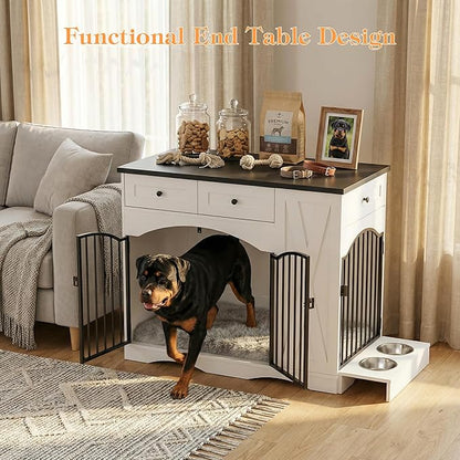 43.3" Furniture Style Dog Crate with 3 Storage Drawers, Heavy Duty Wood Pet Kennel with Removable Feeder, Modern End Table Dog House with Dual Doors for Large Dogs (41-70 lbs) (Black)
