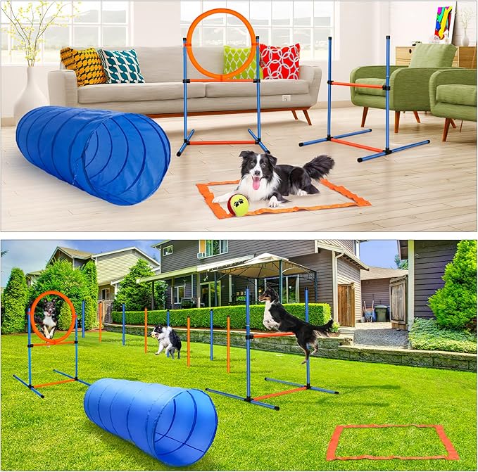 Dog Agility Training Equipment, 60-piece Dog Obstacle Course Training Starter Kit Pet Outdoor Game with Tunnel, Agility Hurdle, Weave Poles, Jump Ring, Pause Box, Toy Balls and Storage Bag