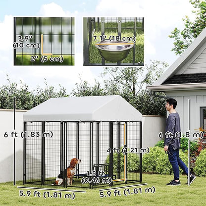 PawHut Outdoor Dog Kennel with Roof, 6' x 6' x 6' Heavy Duty Welded Wire Dog Playpen Enclosure with Escape-Proof Lock, Adjustable Bowls, UV-Resistant & Waterproof Cover, for S&M&L Breeds, Silver
