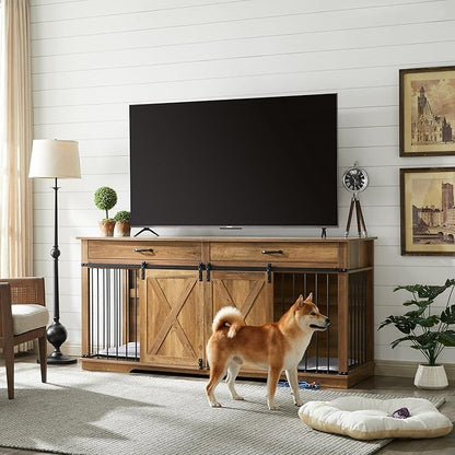 72.5" XXL Wooden Double Dog Crate Furniture for 2 Large Breeds, Farmhouse Barn Door, Removable Divider, Water Resistant with Built-in Drawers, Home Decor Pet Kennel, Rustic Oak