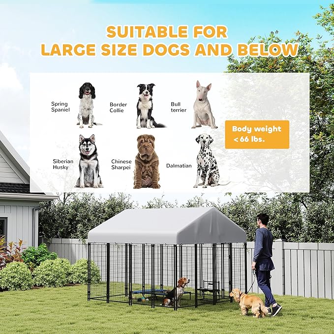 PawHut Outdoor Dog Kennel with Roof, 8' x 8' x 6' Heavy Duty Welded Wire Dog Playpen Enclosure with Escape-Proof Lock, UV-Resistant & Waterproof Cover, for Large Dogs, Chickens, Ducks, Silver