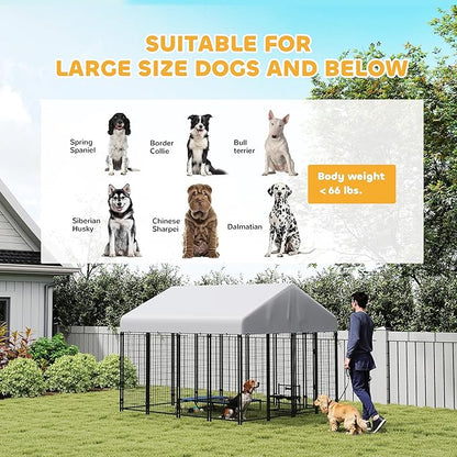 PawHut Outdoor Dog Kennel with Roof, 8' x 8' x 6' Heavy Duty Welded Wire Dog Playpen Enclosure with Escape-Proof Lock, UV-Resistant & Waterproof Cover, for Large Dogs, Chickens, Ducks, Silver