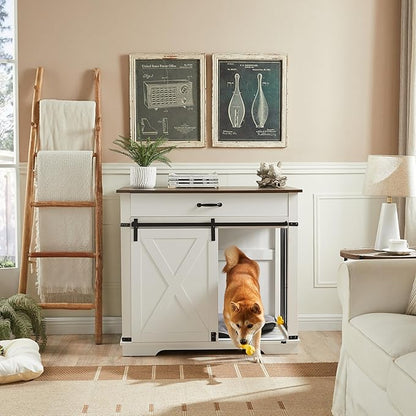 37.8" Furniture Style Dog Crates with Drawer, Farmhouse Wooden Dog Kennel Furniture with Sliding Barn Door & Water Resistant for Small/Medium/Large Dog, White