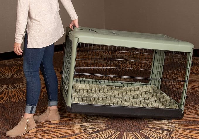 Pet Gear “The Other Door” 4 Door Steel Crate for Dogs/Cats with Garage-Style Door, Includes Plush Bed + Travel Bag, No Tools Required, Willow, 42 Inch