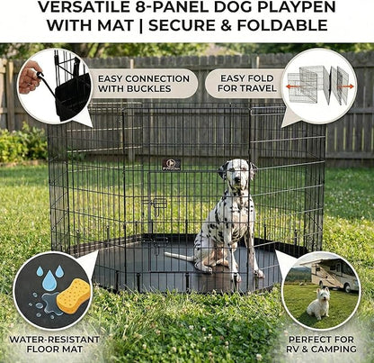 PJYuCien Dog Playpen with Bottom Pad - Metal Foldable Exercise Pen, 8 Panels 42" H x 24" W Indoor Outdoor Pet Fence Puppy Crate Kennel, Black