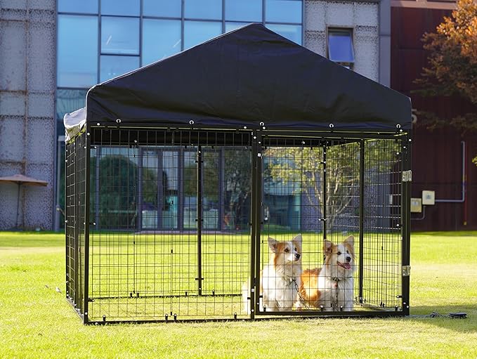 Petony Large Outdoor Dog Enclosure,Heavy Duty Dog Cage with Roof,Galvanized Steel Dog Kennel Fence with Double Safety Locks(6.56'x 6.56')