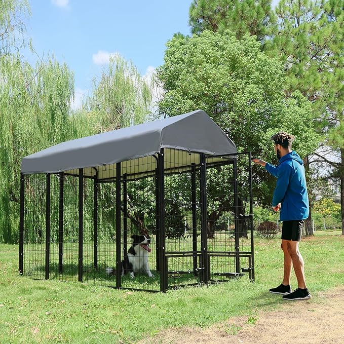 Dog Kennel Outdoor 8 x4 x6 ft with Roof and Rotating Bowl Holders, Large Metal Dog Enclosure, Heavy Duty Dog House Built with Robust 4mm Diameter Wire (8'L x 4'W x 6'H)