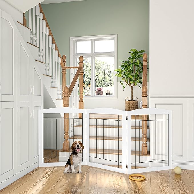 PAWLAND 72“ Extra Wide Dog gate for The House, Doorway, Stairs, Freestanding Foldable Wire Pet Gate, Pet Puppy Safety Fence, 30" Height (White, 3 Panels)