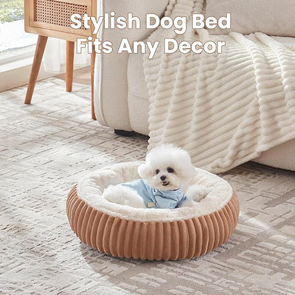 23 inches Donut Dog Bed for Small Dogs - Calming Round Puppy Bed with Removable Cover, Washable Milk Plush Faux Fur Pet Bed for Cats, Fits Pets up to 15 lbs(Mocha,Small)