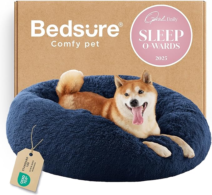 Bedsure Calming Dog Bed for Medium Dogs - Donut Washable Medium Pet Bed, 30 inches Anti-Slip Round Fluffy Plush Faux Fur Cat Bed, Fits up to 45 lbs Pets, Navy