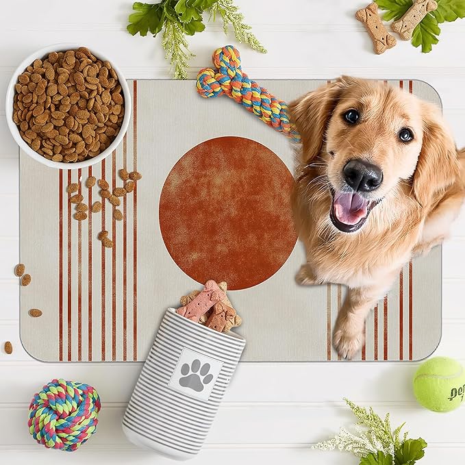 Sun Boho Dog Food Mat for Floors,Absorbent Quick-Dry Pet Feeding Mat, Cat Dog Bowl Mats for Food and Water, Non-Slip Pet Accessories Supplies 12"x20"