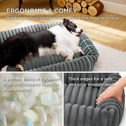 Bedsure ComfyFleece™ Washable Dog Bed for Medium Dogs - Cute Furry Puppy Beds, Rectangle Orthopedic Corduroy Fleece Pet Beds with Removable Zipper Cover, 30x24x8inches, Warm Grey