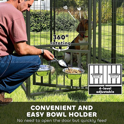PawHut 4' x 4' x 6' Outdoor Dog Kennel, Welded Wire Dog Kennel Outside Run with 360° Rotating & 4 Level Adjustable Bowls, Waterproof & UV Resistant Cover, for S&M Breeds, Chickens, Ducks, Silver