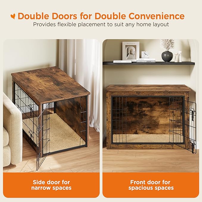 Yaheetech 40'' Dog Crate Furniture with Cushion Wooden Dog Crate with Double Doors/Adjustable Feet Side End Table for Small/Medium Dogs