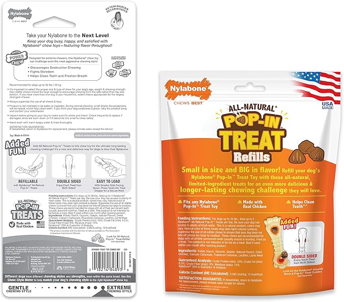 Nylabone Knuckle Bone Pop-in Treat Toy Power Chew Toy with 30 Refills, Interactive Treat Dispensing Enrichment Toys for Dogs, Long Lasting Chicken Flavor, Large Dogs - Up to 50 lbs, 2 Pack
