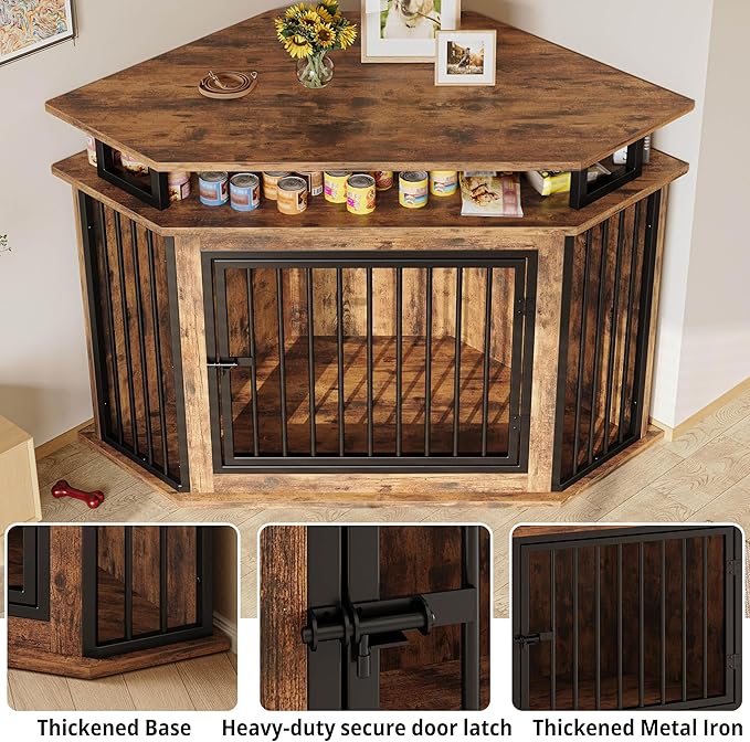 IRONCK Corner Wooden Dog Crate Furniture with 2-Tier Shelves, Pet Kennel for Large Dogs, Space-Saving Dog Cage for TV Stand, Rustic Brown (26.7" L x 51.2" W x 33.5" H)
