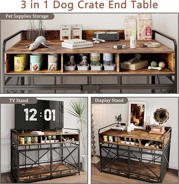 Fulhope Dog Crate Furniture, 48" Heavy Duty Wooden Dog Crate End Table, XL Dog Kennel Furniture Large Breed, Decorative Dog Kenne Indoor with 3 Drawers & Steel Tubes 48" L x28 W x36 H (Rustic Brown)