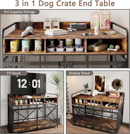 Fulhope Dog Crate Furniture, 48" Heavy Duty Wooden Dog Crate End Table, XL Dog Kennel Furniture Large Breed, Decorative Dog Kenne Indoor with 3 Drawers & Steel Tubes 48" L x28 W x36 H (Rustic Brown)