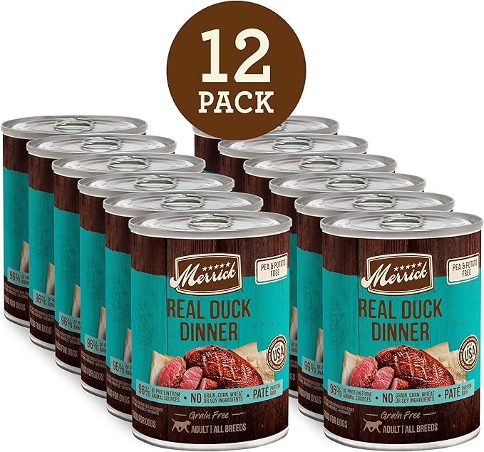 Merrick Grain Free Canned Dog Food, Real Duck Dinner Recipe With Added Vitamins and Minerals, 12.7 oz. Can