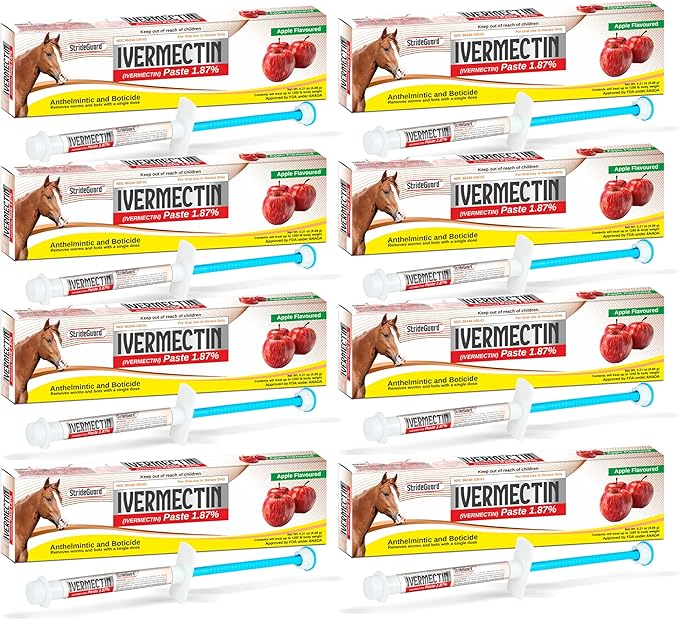 Horse Ivermectin Paste 1.87% – Apple Flavored Oral Horse Dewormer Syringe – 6.08g Tube Treats Horses Up to 1250 LB [Pack-8]
