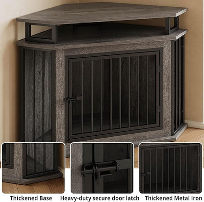 IRONCK 44" Corner Dog Crate with 2-Tier Shelves, Wooden Dog Kennel Furniture for TV Stand, Dog Kennel Indoor Furniture for Small and Medium Dogs, Rustic Brown (23.6" L x 43.3" W x 32.3" H)