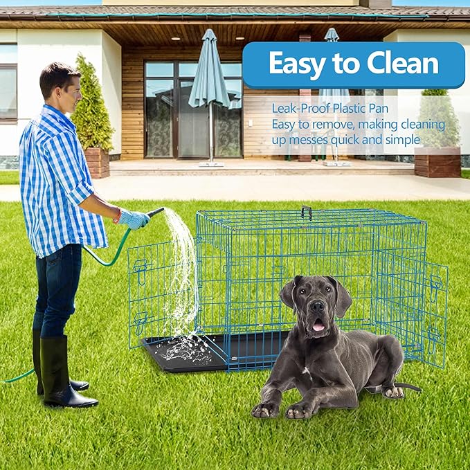 Dog Crate, 24/30/36/42/48 Inch Dog Crates for Small Medium Large Dogs Indoor, Folding Metal Dog Kennel Dog Cage with Double-Door, Divider Panel, Removable Tray, Locks and Handle, (48 Inch, Blue)