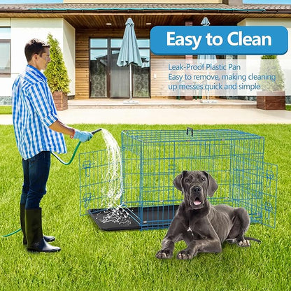 Dog Crate, 24/30/36/42/48 Inch Dog Crates for Small Medium Large Dogs Indoor, Folding Metal Dog Kennel Dog Cage with Double-Door, Divider Panel, Removable Tray, Locks and Handle, (48 Inch, Blue)