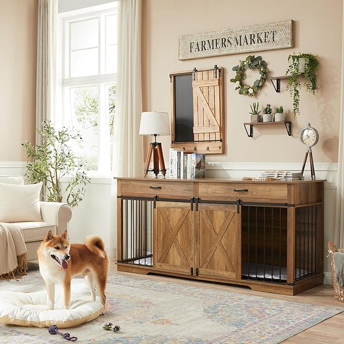 72.5" XXL Wooden Double Dog Crate Furniture for 2 Large Breeds, Farmhouse Barn Door, Removable Divider, Water Resistant with Built-in Drawers, Home Decor Pet Kennel, Rustic Oak