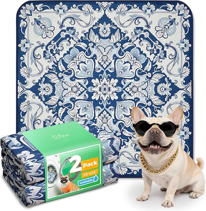 FXW Washable Pee Pads for Dogs, Leak-Proof & Non-Slip, Specifically Designed for Potty Training, 35" Square, Mandala Blue, 2 Packs