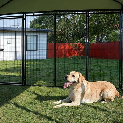 Large Outdoor Dog Kennel with Roof, 7.9×7.9×6.6FT Heavy-Duty Dog Cage with 3 Swivel Feeding Bowls, Double Doors, Anti-Rust Metal Dog Run for All-Weather Protection
